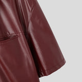 Wiaofellas  -  Solid Color Men Shirt Faux PU Leather Lapel Short Sleee Men Clothing Zipper Summer Streetwear Fashion Casual Camisa