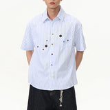 WIAOFELLAS  -  Niche Design Men's Shirts Turn-down Collar Vertical Stripe Single Breasted Button Decoration Short Sleeved Male Top