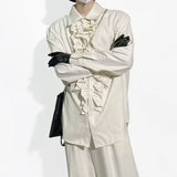 WIAOFELLAS  -  Medieval Palace Style Standing Collar Lotus Leaf Placket Long Sleeve Shirt Neutral Style Design Shirt Men's Performance Costume