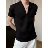Wiaofellas  -  Korean Fashion V-neck T-shirt for Men Summer Short Sleeve Casual T-shirts Solid Color Versatile Business Social T-shirts M-5XL