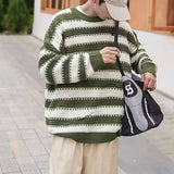 Wiaofellas  -  Men Trend Japanese Style Striped Oversize Streetwear Y2K Knitted Sweater Casual Round Neck Long Sleeve Pullover Tops Ropa Hombre