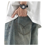 Wiaofellas  -  Men's Vintage Washed Denim Shorts Summer Wide Leg Five Casual Straight Leg Pants