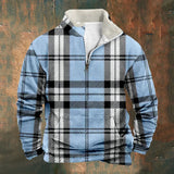 WIAOFELLAS  -  Plaid Patchwork Sweatshirt for Men Blue Long Sleeve Stand Collar Zipper Casual Pullovers