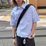 Wiaofellas  -  Loose Casual Blue Striped Short Sleeve Men's Shirt Youth Trendy Brand Breathable Machine Washable Polyester Spring Summer Top