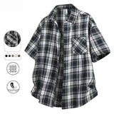Wiaofellas  -  Trendy Summer Elegant Short Sleeve Plaid Shirt Men's American Casual Oversized Pocket T Shirts Y2K Streetwear Camisas