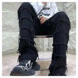 Wiaofellas  -  American High Street Vibe Trendy Black Jeans Men's Street Hip-hop Tassel Dance Pants Fashion Straight Slim Denim Trousers