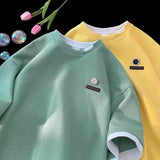 WIAOFELLAS  -  Waffle Colour Block False Two Piece T-Shirt Trendy Loose Fit Casual Clothing Men's Half Sleeve T-shirt Breathable Waffle Tops