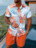 WIAOFELLAS  -  Men's Casual Vacation Shirt set, short-sleeved button-down shirt, Monstera Printed Hawaiian And shorts, 2-piece Set