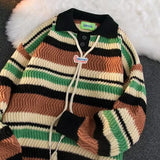 Wiaofellas  -  Casual Loose Knitted Rainbow Stripes Collar Sweater Spring Autumn Couple Style Comfortable Lazy Man's Pullover Fashionable