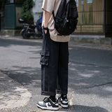 Wiaofellas  -  Retro Japanese Green Work Pants Men Summer Thin Loose Straight Leg Wide Leg Cityboy  Color Nine Point Casual Trousers
