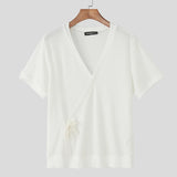 WIAOFELLAS  -  Men T Shirt Solid V Neck Short Sleeve Lace Up Knitted Male Tee Tops Summer Streetwear 2025 Fashion Casual Men Clothing