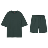 WIAOFELLAS  -  Short Summer Sleeve T-Shirt O-neck Three Quarter Sleeve Tops + Korean Fashion Loose Sports Shorts Green Two Piece Set Y8120