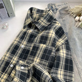 WIAOFELLAS  -  Hong Kong Style Shirt Men's, Plaid Long Sleeve, Retro Loose Fit, Navy Blue
