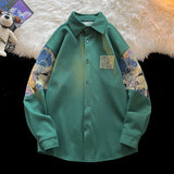 WIAOFELLAS  -  Embroidery Patchwork Bear Long Sleeve Shirt for Men Retro Loose Couple Shirt Jacket Large Size Unisex Blouses