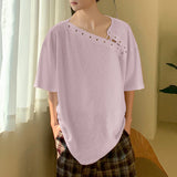 WIAOFELLAS  -  Men T Shirt Solid Short Sleeve Drawstring Lace Up Loose Male Tee Tops Streetwear Summer 2025 Korean Style Men Clothing
