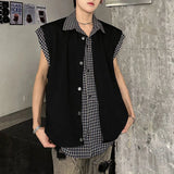 WIAOFELLAS  -  Niche Design Men's Tank Tops Turn-down Collar Single Breasted Plaid Contrast Color Sleeveless Loose Male Vests Chic