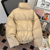Wiaofellas  -  Men's Winter Thiened PU Leather Cotton Jacket Loose Fit Stand Collar American Retro Style Warm Outerwear Coat for Teens