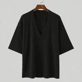 WIAOFELLAS  -  New Summer Men's Vintage Solid Ribbed T-Shirts Trendy V-Neck Knitted Loose Elasticity T-shirt Fashion Men Half Sleeve Tees