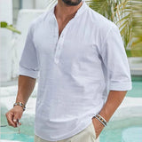 Wiaofellas  -  Retro Mens Loose Breathable Half Sleeve Tops Summer Casual Solid Color Pullover Men Daily Leisure Stand Collar Button-up Shirts