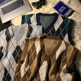 WIAOFELLAS  -  Spring Autumn Diamond Grid Candle Knitted Vest Men Women Loose Pullover Retro Outer Sleeveless Sweater Vest Aesthetic