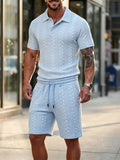 Wiaofellas  -  Vintage Mens Jacquard Two Piece Suits Summer Outdoor Casual Solid Color Polo Shirt And Shorts Outfits Men Short Sleeve Sets