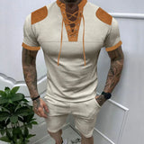 WIAOFELLAS  -  Summer American Retro Loose Casual Men's Wear Suit Elegant Fashion Handsome Splicing V Neck Tie Short Sleeve Shorts Chic Tops