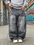 Wiaofellas  -  Loose Wide-leg Jeans Street Trend Washed Retro Loose Men's Dark Gray Fashion Pants
