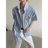 Wiaofellas  -  Men's White Short Sleeve Shirt Coconut Tree Embroidery Casual Summer Top