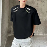 WIAOFELLAS  -  Stylish Men's T-shirts Metal Buckle Patchwork Round Collar Solid Color Niche Tops Short Sleeved Loose Male Tees