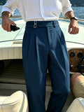Wiaofellas  -  Men’s Solid Color Button Detail Naples Pleated High Waist Wide Leg Suit Pants, New Spring Autumn Elegant Light Business Trousers
