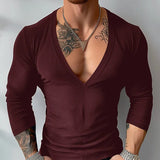WIAOFELLAS  -  Men T Shirts Solid Color Knitted V Neck Long Sleeve Streetwear Casual Men Clothing Autumn Fashion Camisetas S-5XL
