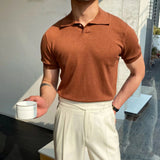 WIAOFELLAS  -  Spring Summer Knit Polo Shirt Men Casual Turn-down Collar Button-up Fashion Striped Solid Slim Tops Ice Silk Fabric T-shirt