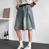 WIAOFELLAS  -  Fashion Men‘s Gradient Hole Do Old High Street Denim Shorts Vintage Casual Straight Loose Short Pants Male Summer