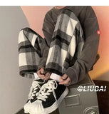WIAOFELLAS  -  Men Women Woolen Straight Leg Casual Pants Autumn Winter Plaid Wide Leg Trousers High Street Brand Fashionable Trousers
