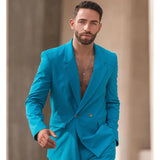 WIAOFELLAS -  Handsome Blue Wedding Tuxedos Double Breasted Men Pants Suits Male Prom Party Formal Outfit (Jacket+Pants)