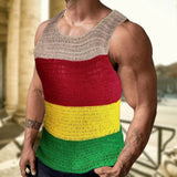 Wiaofellas  -  Men's Crochet Tank Top with Colorful Stripes Men's Contrast Color Thick Knit Sweater Casual Sleeveless Pullover Vest Summer Top