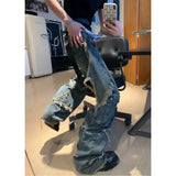 WIAOFELLAS  -  Retro Star Design Wide Leg Jeans Distressed Loose Raw Edge Floor Mopping Pants