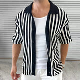 WIAOFELLAS  -  Summer Elegant Striped Men's Knitted Polo Shirts Short Sleeve Turn-down Collar Button Cardigan Top Men's Casual Knitted Shirt