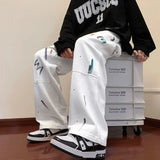 WIAOFELLAS  -  Spring Autumn Fashion Pure Color Splashed Ink Jeans Men's Clothing American Style Loose Casual Chaopai Wide Leg Trousers