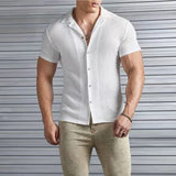 WIAOFELLAS  -  Men's Shirts Summer Turn-down Collar Stirpes Solid Waffle Casal Cardigan Loose Muscle Casual Short Sleeve Shirt For Male Tops
