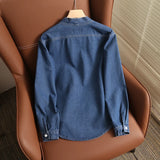 WIAOFELLAS  -  Classic Denim Cardigan Jacket Monk Robe Spring Men's Washed Taoist Robe V-neck Cardigan Coat Unisex Vintage Button Blue Tops