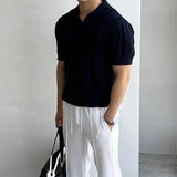 WIAOFELLAS  -  New American Niche Design Knitted Polo Shirt Men Breathable Hollow Short Sleeve Lapel Mesh Tight Sleeve T-shirt