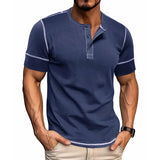 WIAOFELLAS  -  Summer Henry Collar T-Shirt for Men Solid Short Sleeve Button Casual Tshirt Fashion Tees Mens Clothing
