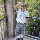 Wiaofellas  -  Retro American Plaid Casual Pants Loose Straight Leg Wide Leg Seven-Foot Slimming Shorts for Men And Women
