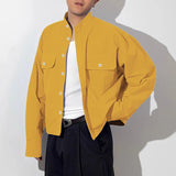 WIAOFELLAS  -  Men Shirt Solid Color Stand Collar Long Sleeve Button Men Clothing Streetwear Fashion Loose Casual Tops Male Shirts