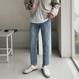 Wiaofellas  -  Straight slim fit nine-point jeans men's spring retro versatile Korean style high street washed nine-point casual pants