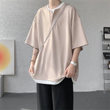 WIAOFELLAS  -  Summer Fashion Fake Two T-shirts Men Lightweight Loose Short Sleeve Casual Pull On Tees Male Solid Streetwear Hip Hop Tops Man