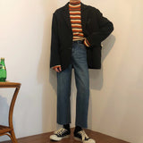 Wiaofellas Color Contrast Stripe Korean Men's Pullover Turtleneck Long Sleeve Sweater Manswear Spring Fashion New Kinttwear Tops