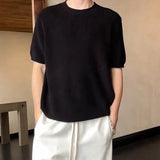 Wiaofellas  -  Men Light Luxury Knit O Neck Short-sleeved T Shirt Solid Color Leisure Streetwear Retro Knitwear Korean Popular Men's Clothing