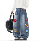 Wiaofellas  -  Spring Floral Appliques Washed Y2K Baggy Jeans For Men High Street Fashion Wide-Leg Denim Trousers New Hip Hop Straight Jean